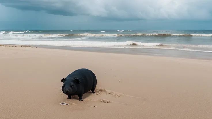 black guinea pig on the vast white sand dunes in by the sea, long beach, pinkish Algae, summer storm weather, theres a big wave and wind in the back, ultra detail, perfect details,