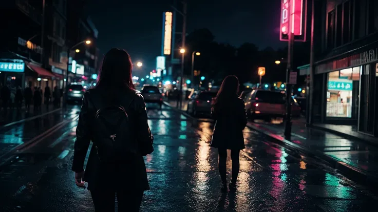 Back view of an adult woman，night，raindrop，City night scene，Neon，Dark Style