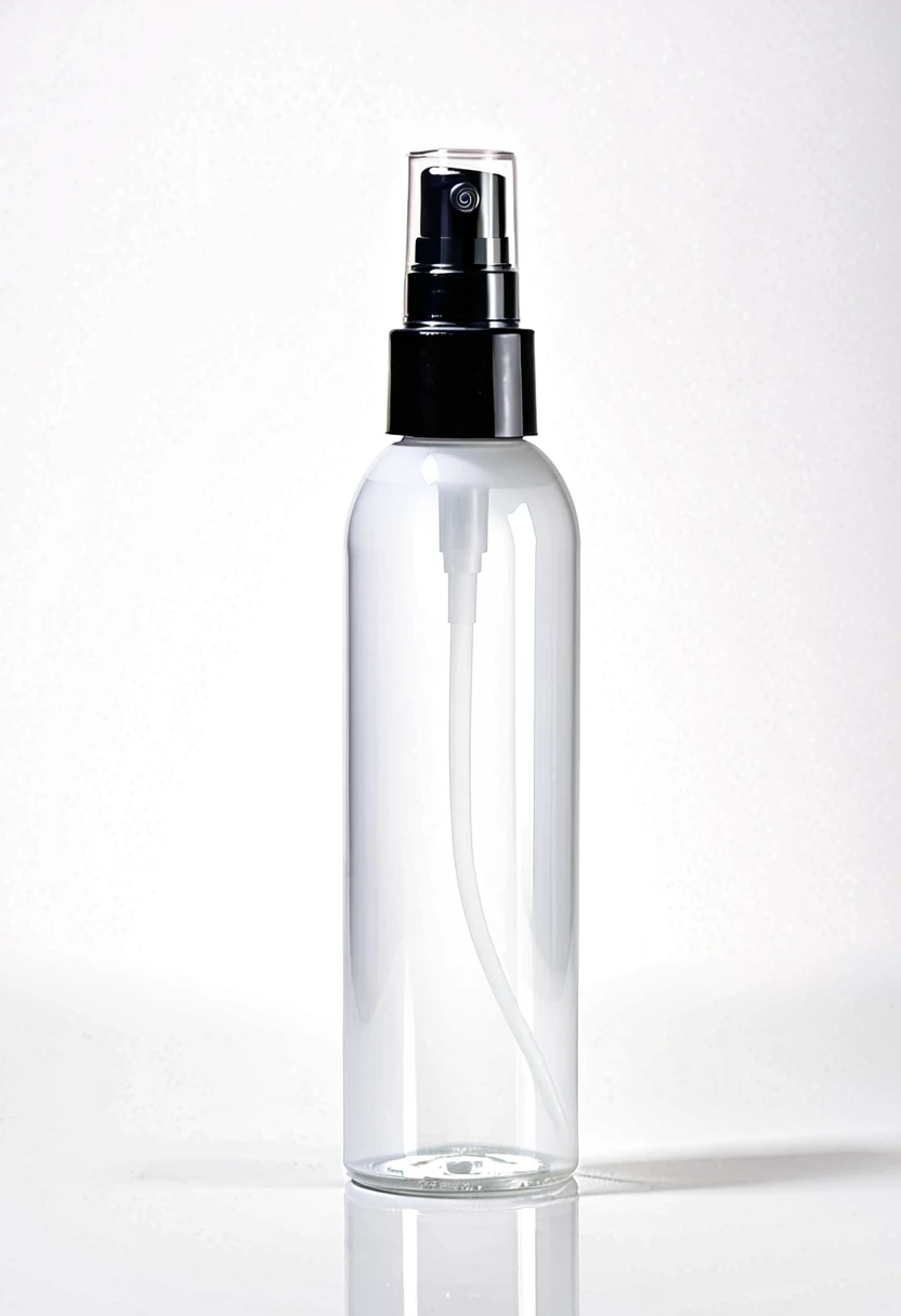 Mist spray bottle, black cap, opaque container, magazine, cosmetic, studio photo, real, white background