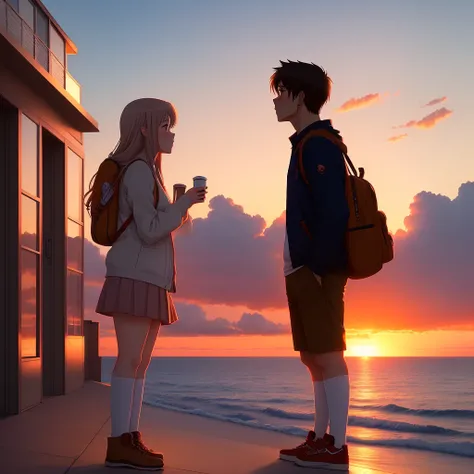 An anime guy kissing an anime girl with sunset background 