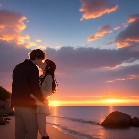 An anime guy kissing an anime girl with sunset background 