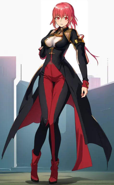 a woman in a black and red outfit, roguish smirk, seductive anime girl, female anime character, female redhead templar, portrait of a female anime hero, black long pants, brown boots