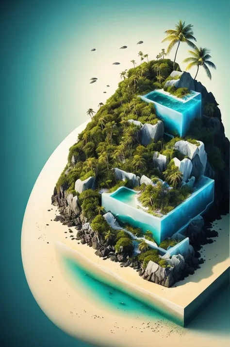 microworld rendering style, contains tiny glass cubes, inside the cube there is (ocean，beach，palm tree) , volume, cloud, energet...