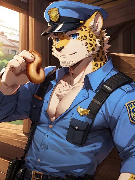 embedding：Leopard,Pale blue eyes,Single Person,Male.Solo,Chief of police,Wearing a police uniform,Wearing a police cap,At the police station，Eat a doughnut.Stubble,Mature and stable,muscle，Maturity,Best quality hands, best quality eye，detailed fur，Delicate...