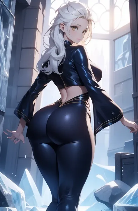 female, solo, young, sexy body, voluptuous figure, tightsuit, white hair, decolored blonde hair, ice effects around, ice queen, beautifull face, long hair, defined body, yellow and bright eyes, thick legs, strong legs, tall, Voluptuous legs, huge ass, big ...