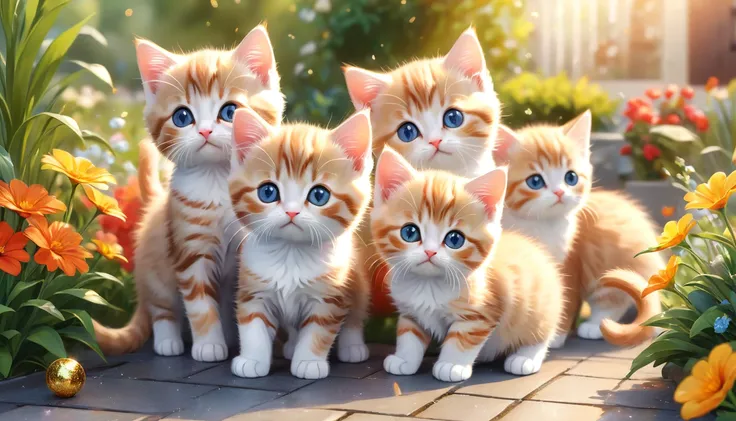 garden, Lots of cute kittens,Blur the background,Glitter effect,Highest quality, 8K, High resolution, masterpiece:1.2, Very detailed, Realistic:1.37, High resolution, 超High resolution, Ultra-fine painting, Very detailed, Professional, Vibrant colors