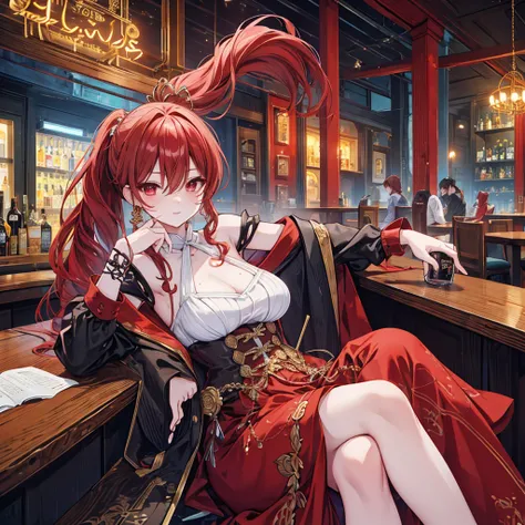 look back女, Long skirt, Anime style painting, An illustration, liquor, Woman sitting at a bar drinking a cocktail, look back, Turn your back, Small face, 背景の棚には多彩な色のliquor瓶が並んでいる, Quiet bar, Calm expression, Perfect hands, elder, Red Hair, The dignity of a...