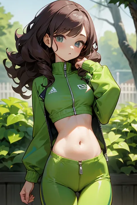 Slender beautiful girl、10th Generation、athlete、Thin fabric tights、Belly button、A tighter zip-up shirt、Tight zip-up tracksuit、Curly Hair、Garden、Drawn eyes、Subtle details、目のハイライト