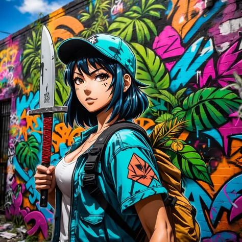 Graffiti style anime style, adventurer , dense jungle, holding a machete . Street art, vibrant, urban, detailed, tag, mural, high quality photography, 3 point lighting, flash with softbox, 4k, Canon EOS R3, hdr, smooth, sharp focus, high resolution, award ...