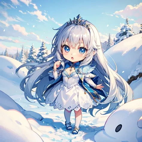 Queen, tiara, The snow queen, Misaka Mikoto, (chibi:1.5), full body, Big Eyes, (masterpiece), highest quality