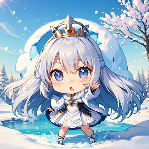 Queen, tiara, The snow queen, Misaka Mikoto, (chibi:1.5), full body, Big Eyes, (masterpiece), highest quality