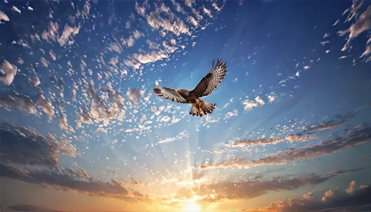 A lone hawk flies in the distant sky, location is Japanese skies, distant sky, centered, scale fit, rule of thirds, (shiny Egyptian ornaments), high resolution, sharp focus, (ultra detailed, highly detailed), (photorealistic artwork: 1.37), (highly detaile...