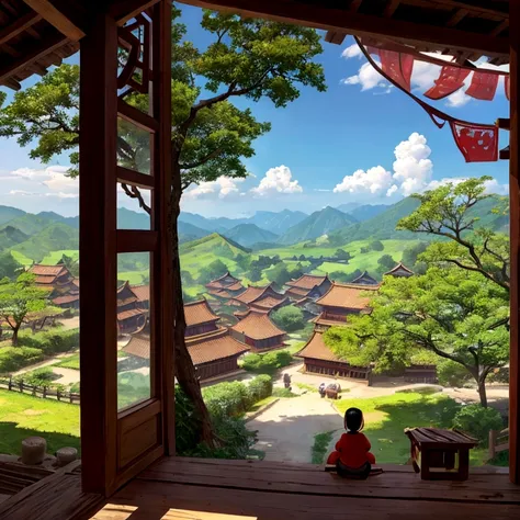 Small Chinese village (View from behind) We sat in the shade of a big tree at the entrance to the village., Distant Mountain々View、Dreaming of a world to explore when you grow up.