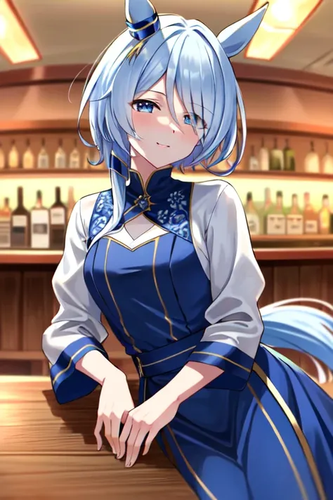 (masterpiece), highly detailed, best quality, (high resolution), 8k, 1girl, solo, k.s.miracle, umamusume, short hair, blue hair, horse ears, horse girl, horse tail, blue eyes, cinematic angle, looking at viewer, blue dress, indoor, bar, gentle smile, eyes ...