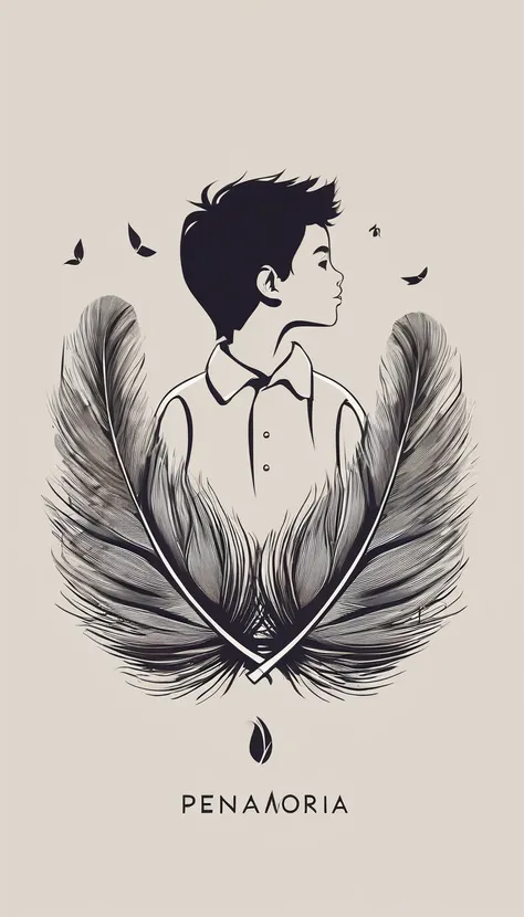 A minimalist, fantastic, poetic, dreamy, captivating, memorable, masterpiece, modern, simple logo design of a boy and a feather for the brand “Penamemoria". The logo must convey a sense of music, stories and dreams. Minimalistic logo design of a boy and a ...