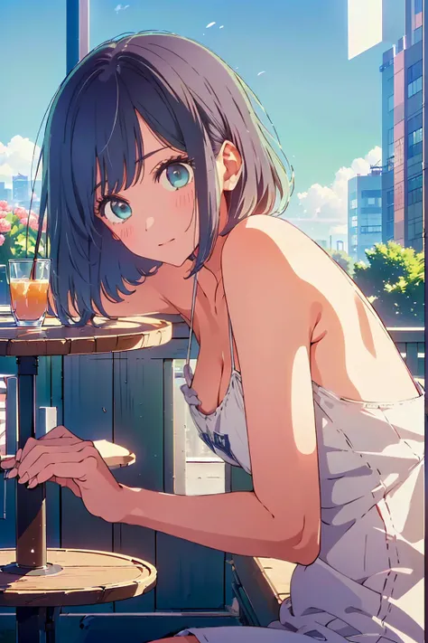 (Highest quality:1.4、masterpiece:1.4、Super detailed:1.4、Ultra-high resolution:1.4、8K:1.4)、Slim body、Big Breasts、((((1 person、Surprised expression、sit、Chair、In the background are the urban buildings of Tokyo、looking at the camera、Outdoor café terrace、juice、...