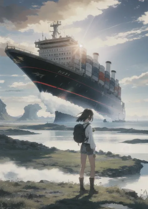 The vast sky, beautiful skyline, large grasslands, extremely tense and dramatic pictures, moving visual effects, the high-hanging Polaris, and colorful natural light. Long-sleeved top, denim shorts, and a girl with a backpack. There is a big ship not far a...