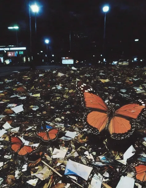 butterfly sits on pile of trash at bangkok street at night