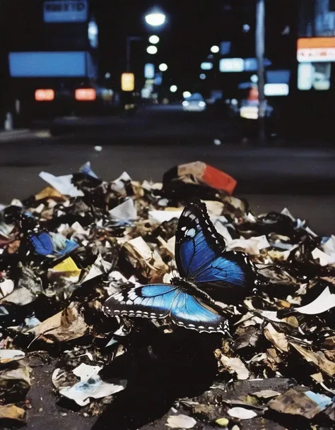 butterfly sits on pile of trash at bangkok street at night