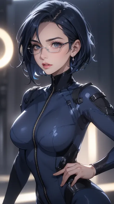 a beautiful young girl with short blue hair, a light smile, brown eyes, hair clips, lips, stud earrings, semi-rimless eyewear, wearing a glossy blue bodysuit, with a large buttocks and large breasts, (best quality,4K,8K,highres,masterpiece:1.2),ultra-detai...