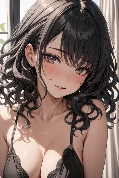 masterpiece,best quality,ultra detailed　,1girl　 ,black hair　 ,medium hair　 ,wavy hair スレンダーライン