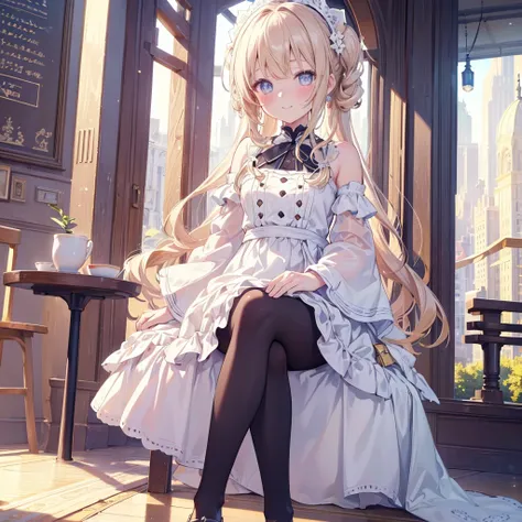 1 girl, ((masterpiece)), ((best quality)), Amazing, beautiful detailed eyes, finely detailed, depth of field, extremely detailed CG unity 8k wallpaper, full body, teenage, sitting, cafe, blush, smile, (ultra-detailed),(detailed light), (sunlight),