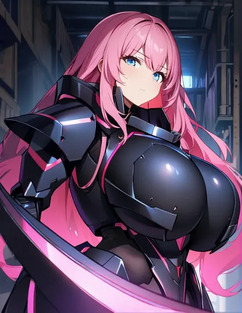 1girl,solo,pink hair color,long hair,light blue eyes,super huge breasts,Wearing black sci-fi armor,Armor adheres closely to body lines,Cool expression,close mouth,In a dimly lit warehouse,looking at viewer,holding a gun pointed at us,