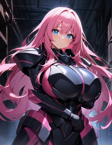 1girl,solo,pink hair color,long hair,light blue eyes,super huge breasts,Wearing black sci-fi armor,Armor adheres closely to body lines,Cool expression,close mouth,In a dimly lit warehouse,looking at viewer,holding a gun pointed at us,