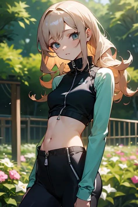 Slender beautiful girl、10th Generation、sleeveless shirt、athlete、Thin fabric tights、Belly button、A tighter zip-up shirt、Tight zip-up tracksuit、Curly Hair、Garden、Drawn eyes、Subtle details、目のハイライト