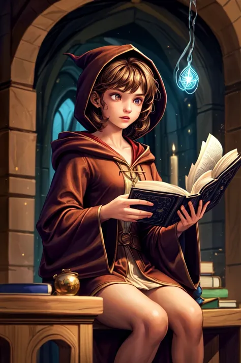 One girl,Short with brown hair,Wizard,Wearing a hood,Wearing a robe,Reading a spellbook,Colorful magic is flying