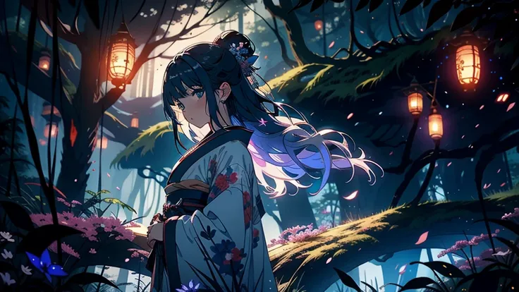 An enchanting scene set in a deep forest at midnight, illuminated by numerous fireflies. The scene features trees and an anime-style girl wearing a kimono. Her hair flows in the wind, and she is viewed from a low angle in profile, with moonlight casting a ...