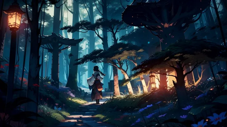 An enchanting scene set in a deep forest at midnight, illuminated by numerous fireflies. The scene features trees and an anime-style girl wearing a kimono. Her hair flows in the wind, and she is viewed from a low angle in profile, with moonlight casting a ...