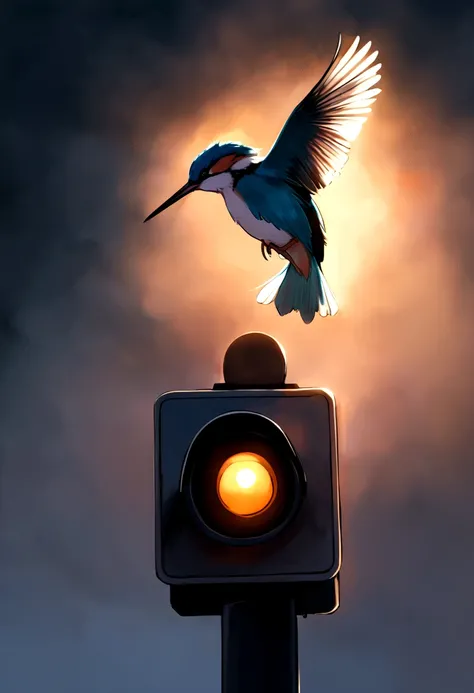 A kingfisher stands gracefully on top of a city traffic light, Strong morning light diffuses through the fog，Slowly rising, Dramatic side lighting highlights intricate feathers