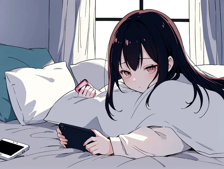 cell phone電話を手に持ち、Anime woman lying in bed looking at a screen, late night, nighttime, Beautifully illuminated, Illuminated from the side, night, cell phone電話をチェックする, Digital Enhancement, Portrait Shot, night - time, night time, Anime woman lying in bed lo...