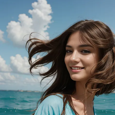 a woman with long hair in wind, in the style of pop inspo, hyper-realistic water, smiling, animated gifs, mario testino, close up, soft and dreamy, sky-blue and brown 