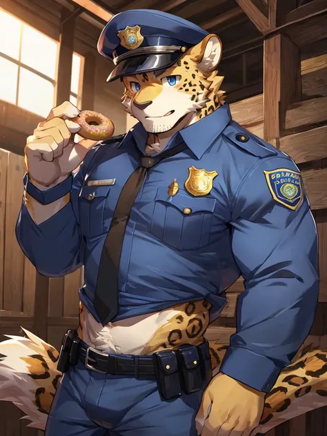 embedding：Leopard,Pale blue eyes,Single Person,Male.Solo,Chief of police,Wearing a police uniform,Wearing a police cap,At the police station，Eat a doughnut.Stubble,Mature and stable,muscle，Maturity,Best quality hands, best quality eye，detailed fur，Delicate...