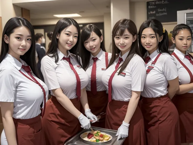 School lunch duty、canteen、breakfast、A group of 10 female students standing in a row、uniform、Big Breasts、Nipples、Tucked up、smile、Women&#39;s dormitory、slender、Are thin、Blonde、Brown Hair、Black Hair、Huge boobs、Cleavage、Daytime、String Panties Thighs Thighs、Spr...