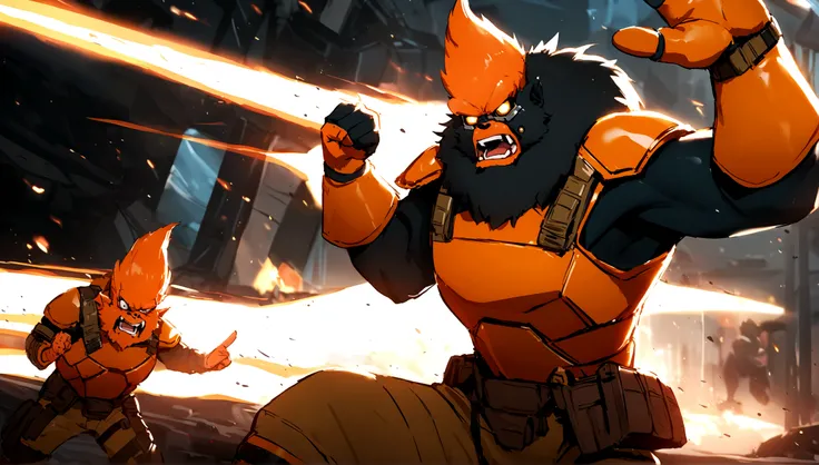 Futuristic punk orange guerilla ape with orange body armor black fur ready for battle one arm raised hand pointing to enemy shouting at enemy in battle zone side pose