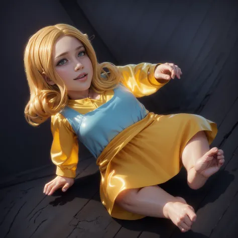 The image shows a 3D animated character, a baby girl with blonde hair, wearing a yellow dress and a red skirt, sitting on the floor, smooth 3d model, glossy plastic texture, multiple light sources, rim light, sharp post effects render, most beautiful vfx, ...