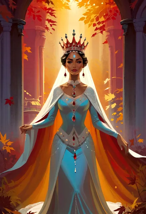 Queen, crown, Luminous design, Soft colors, Ink Drops, Autumn Lights, Signed by the artist, The scenery behind is vast and breathtaking, Lead the audience into a wonderful and exploratory world.