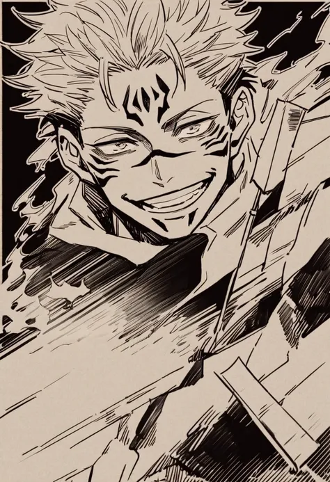 Sukuna ruyomen from jujutsu kaisen with smile and fire arrow 