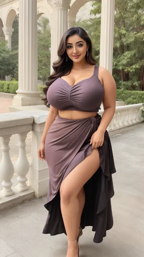 monali thakur Indian beautiful actress curvy plus size hour glass bulky huge figure woman, closeup camera view, big huge m-cup breast, wearing Summer Casual Solid Color Pleated Side Split Tank Top Color: Pink  , covered Bust , elegant standing position, ey...