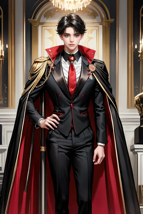 
masterpiece, 最high quality, high quality, 1 boy, alone, Male focus, Watching the audience,  Messy black hair, Adorable big blue eyes, White people, Noble, Noble,Sexy voluminous black and red cape、Tuxedo、A very voluminous, large, very large, very large, lo...