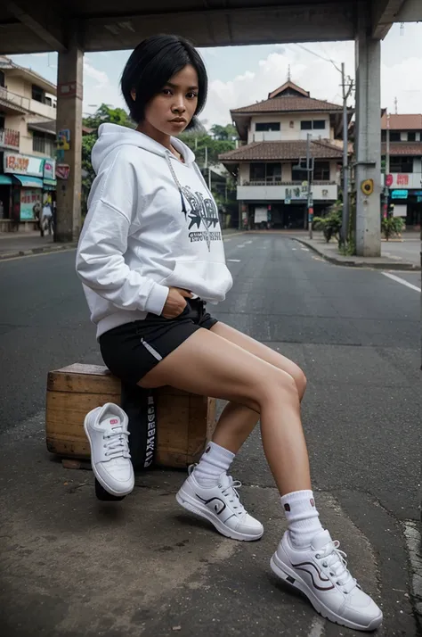 4D caricature of an Indonesian tomboy woman with short hair riding an Astrea motorbike wearing sneakers and wearing a hoodie on an Indonesian street background hyper realistic high contrast 8k detailed focus