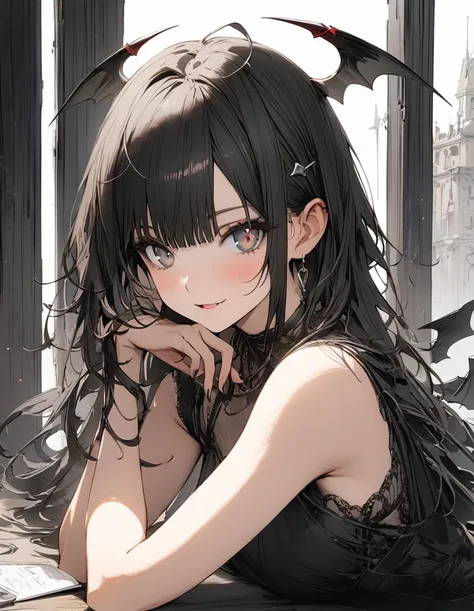 1girl, bangs, long hair, messy hair, gradient_eyes, diamond-shaped pupils, demon girl, royal type shoulder off dress, Conceptual art, masterpiece, super detail, high details, high quality, best quality, long jet black hair