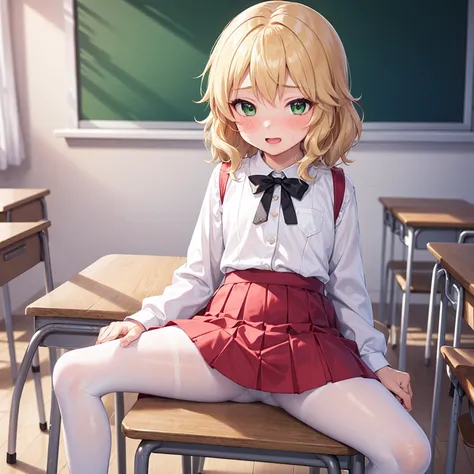 Highest quality,Highest quality,One girl,One boy,((((10 years old)))),Flat Chest,orgasm,blush, Sweat, Sakurai Momoka,Blonde,White Sarah Outfit,,Long skirt,whole body,classroom, White Pantyhose、Flip up the skirt、Spread your legs