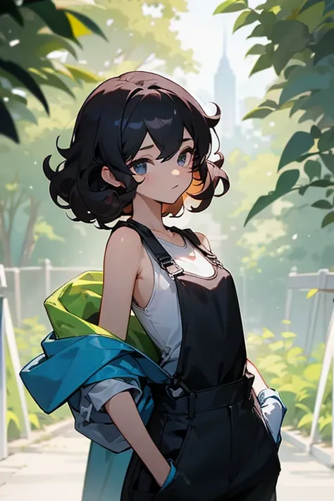 Slender beautiful girl、10th Generation、athlete、sleeveless Black T-shirt、Overalls with shoulder straps slipping down、Off the shoulder、Gloves in hand、Curly Hair、Garden、Short stature、White sleeveless hoodie