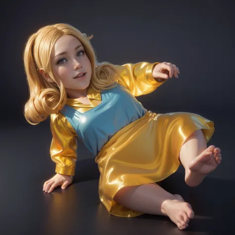 The image shows a 3D animated character, a baby girl with blonde hair, wearing a yellow dress and a red skirt, sitting on the floor, smooth 3d model, glossy plastic texture, multiple light sources, rim light, sharp post effects render, most beautiful vfx, ...