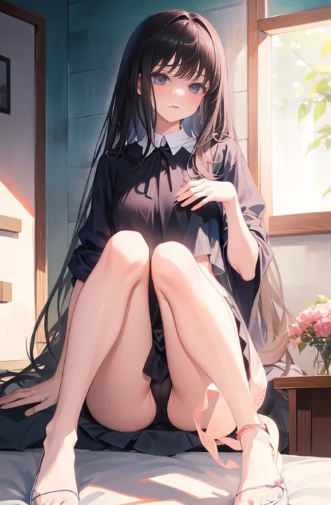 Black Hair、Semi-long hair、Blushing、In underwear、I can see her panties、M-shaped legs、On the bed、