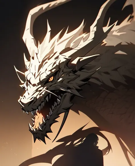 Human with long silver hair has scars on his face and has a good jaw line with a shadow of a dragon , warm , dark background 